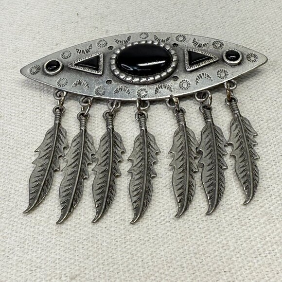 JJ Jonette Southwestern Design Feathers Black Stone Dangle Brooch Vintage 1988 - Picture 2 of 8